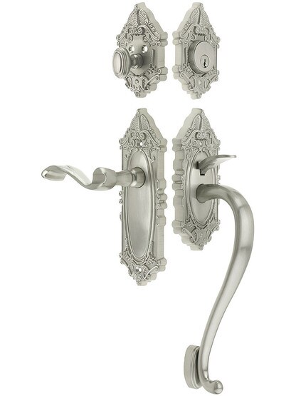 Grandeur Grande Victorian Thumblatch Entrance Set With Portofino Lever - Right-Handed in Satin Nickel.